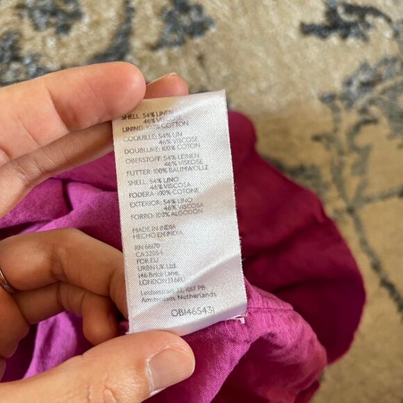 Fuchsia Linen Blend Smocked Mini Dress Ruffle Hem Open Back Milkmaid Peasant S - Picture 6 of 9